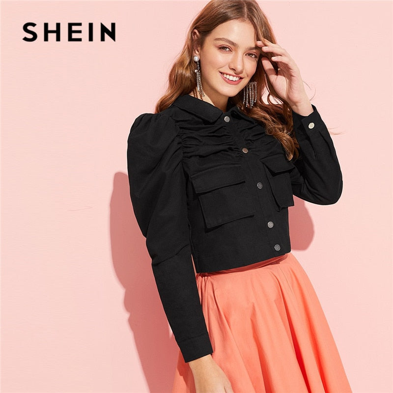 SHEIN Black Classy Button Up Flap Pocket Puff Sleeve Ruched Women Jacket