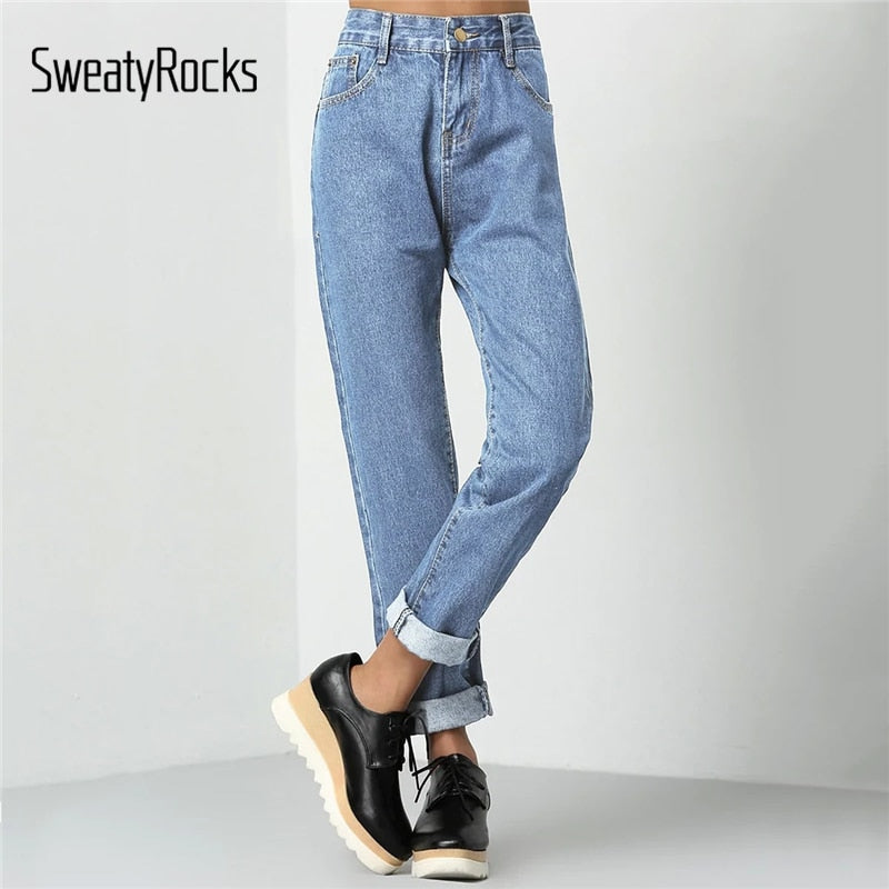 SweatyRocks Rolled Up Mom Jeans Streetwear Women Casual Loose Solid Pants And