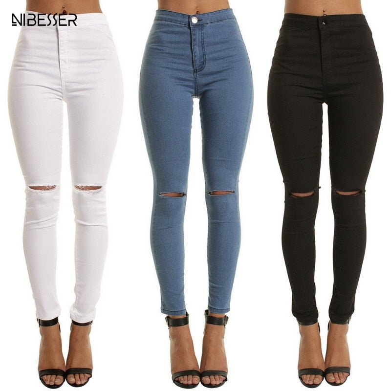NIBESSER High Waist Casual Skinny Jeans For Women Hole Vintage Girls
