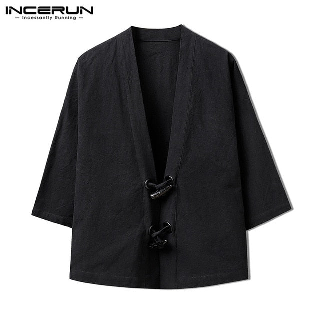 2019 Fashion Ethnic Men's Coats Jackets Kimono 100%Cotton Black
